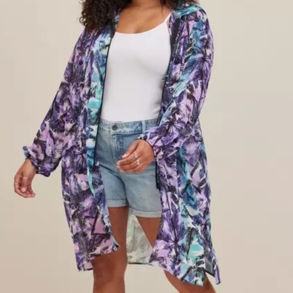 Torrid Anorak Chiffon Purple Tropical Print